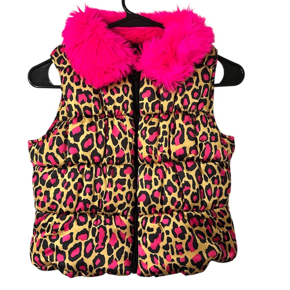 Betsey Johnson Girls Pink Leopard Print Puffer Vest W/ Faux Fur Size L 8/10
